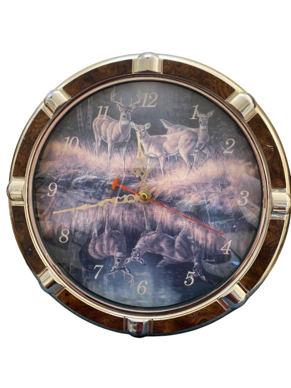 Deer-Themed Quartz Wall Clock With Gold & Wood Finish Frame